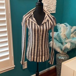 BCBGMaxAzria Navy and Cream Striped Button-Up Blouse